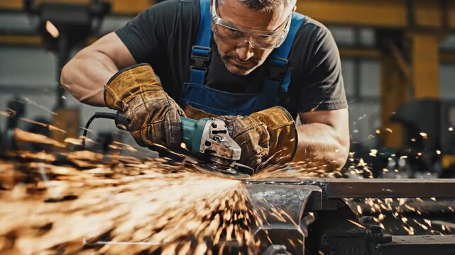 Technician grinding metal in an industrial workshop. Close-up of power tool creating bright sparks. Metalwork and manufacturing concept