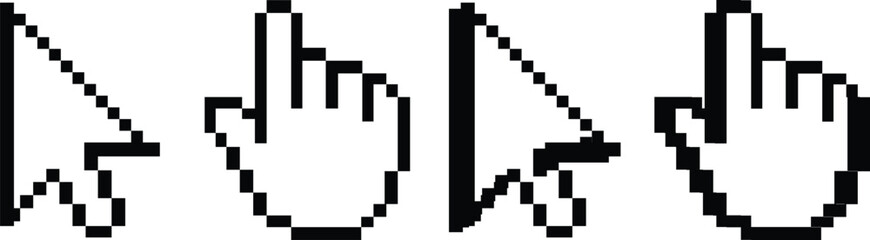 Computer mouse click cursor isolated on transparent. Cursor set in hand and arrow forms. Pixel cursor icon. Cursor icons set an arrow, arm flat and 3d style.