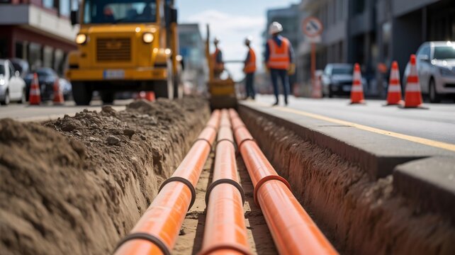 orange pipes in a trench on a city street with construction workers and vehicles, for infrastructure or maintenance mockup