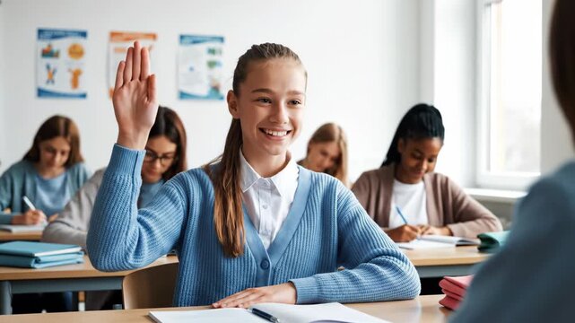 Smiling teenage girl raising hand in classroom. Happy high school student participating in lesson. Education and learning concept