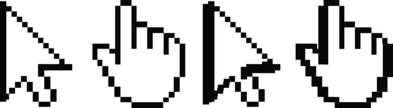 Computer mouse click cursor isolated on transparent. Cursor set in hand and arrow forms. Pixel cursor icon. Cursor icons set an arrow, arm flat and 3d style.