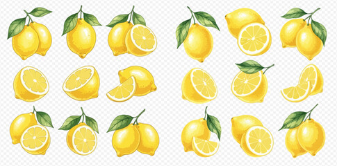 Watercolor illustration set of fresh whole and sliced lemons with green leaves, vibrant citrus fruits for healthy eating and beverages.