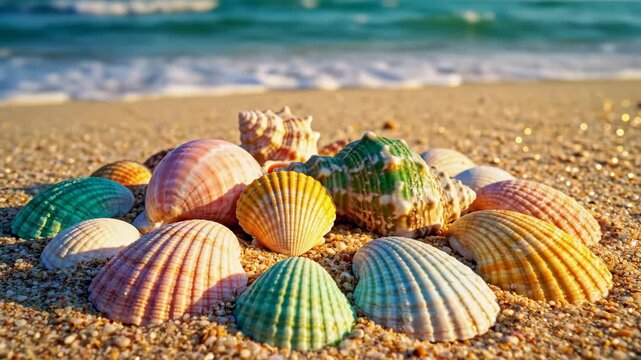 Collection of colorful seashells arranged on a sandy beach with gentle waves in the background