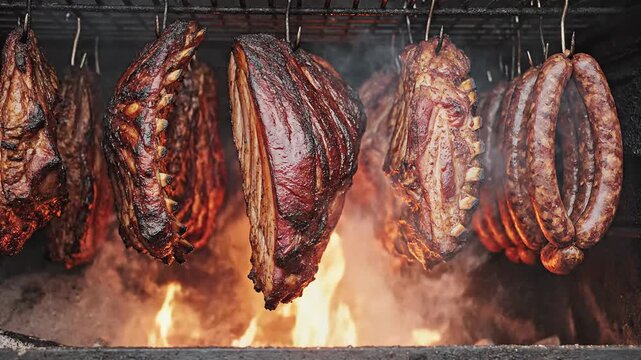 Smoked Ribs and Sausages Hanging Over Open Fire with Billowing Smoke