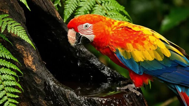Vibrant Scarlet Macaw Parrot Drinks Water in Lush Rainforest Setting.