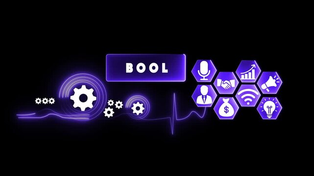 Futuristic BOL concept with glowing neon gears and business icons on black background BOOL boolean