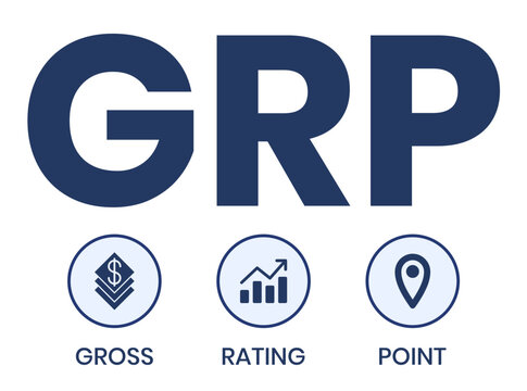 GRP, Gross Rating Point. Concept with keywords, people and icons. Flat vector illustration. Isolated on white background.