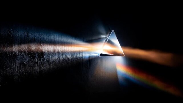 A triangular prism refracts light, creating a spectrum of colors against a dark, textured background