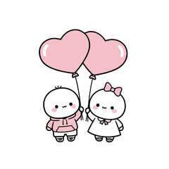 Cute cartoon couple holding heart-shaped balloons in pink  