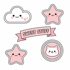 Fototapeta premium Cute cartoon stickers of stars, clouds, cat, and 