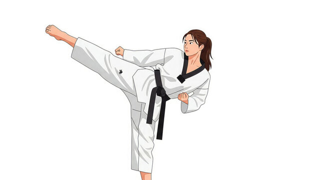 Woman in white karate gi kicks high with black belt