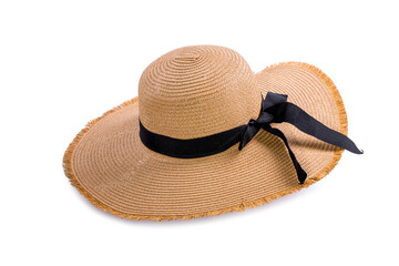 Women's sun hat with a ribbon on a white background