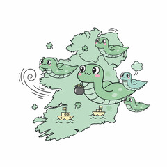 Obraz premium Cartoon snakes escaping from Ireland with a cheerful expression 