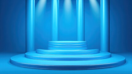 Obraz premium Empty blue stage with spotlights in modern minimalist setting.