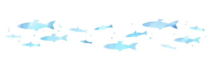 Fototapeta premium 水彩風の魚シルエットイラスト 涼しげな魚の群れを描いた背景素材