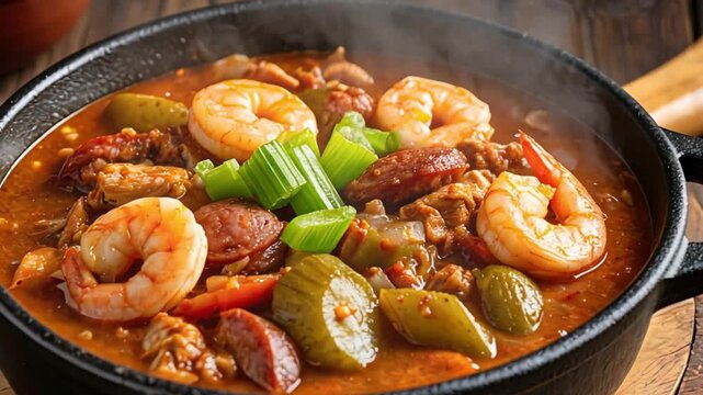 Hot shrimp and sausage gumbo in a cast iron pot on a wooden surface, ready to eat for a meal.