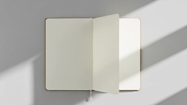 Open notebook with blank pages and a page turned, sitting on gray surface, light shadows