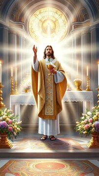 Jesus Christ Standing at a Church Altar Holding the Eucharist Chalice with the Holy Spirit Dove