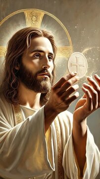 Portrait of Jesus Christ Holding the Holy Eucharist Host with a Golden Halo
