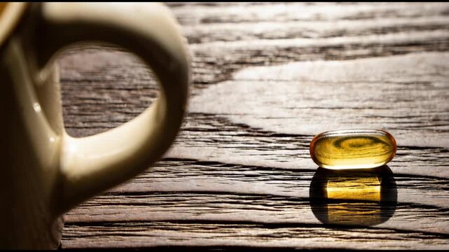 Person places vitamin e or omega 3 softgel on rustic wood surface near cup, representing daily dietary supplement routine.