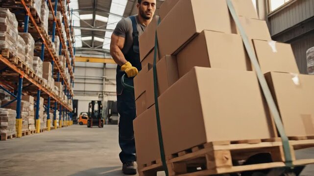 Muscular warehouse worker pushing hand truck with boxes. Male employee moving heavy inventory in storage facility