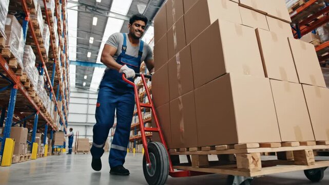 Smiling warehouse worker pushing cart with boxes. Happy male employee moving stock in distribution center