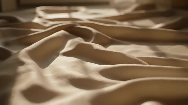 Soft Silk Fabric Waves Flowing Gently with Warm Sunlight and Shadows