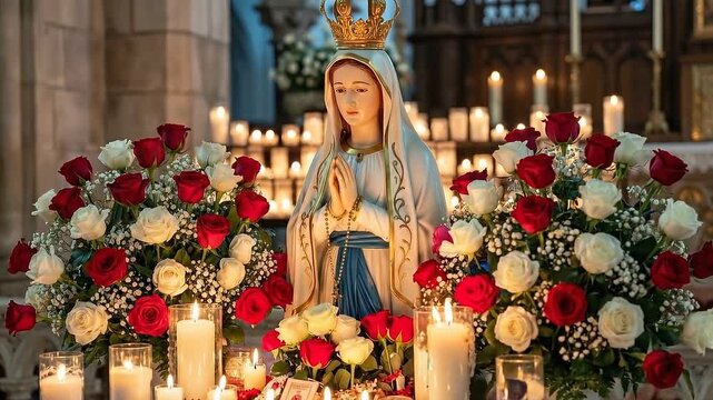 A statue of the Virgin Mary wearing a crown and praying surrounded by red and white roses and candlelight.