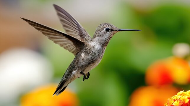 regress. A hummingbird in motion among vibrant flowers, wings blurred against a soft background. wildlife magazines, conservation campaigns, designed for wildlife conservation campaigns.