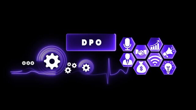 Data Protection Officer DPO concept with glowing neon lines and icons on black background Keywords: DPO, Data Protection Officer, privacy, security, data, protection, compliance, regulation, G
