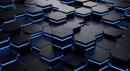 Fototapeta premium Black Hexagon Surface with Blue Neon Circuit Texture 3D Tech Background