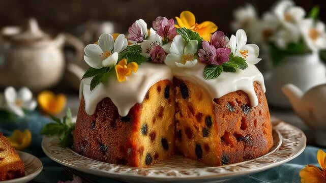 Festive fruit cake with easter eggs, festive baking and seasonal celebration.
