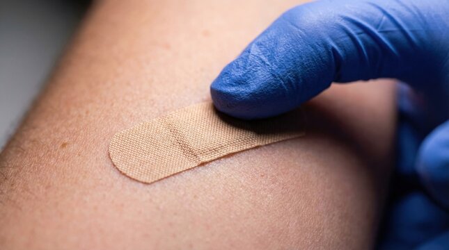 Medical professional applying adhesive allergy patch to arm