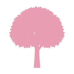 A simple pink silhouette of a tree with a full, rounded canopy and a sturdy trunk on a white background, ideal for graphic design.