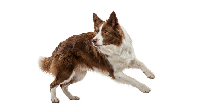 a png image featuring a border collie dog in a striking action pose, its brown and white fur vividly rendered against a transparent background, ideal for graphic design and digital media projects.