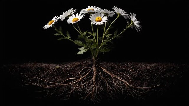 A stark studio shot of a daisy plant, its roots exposed and contrasted against a black backdrop