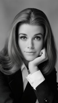 Elegante Gesch&auml;ftsfrau in schwarz-wei&szlig;em Portrait mit Hand am Kinn und ernster Miene