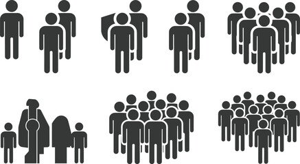 Silhouettes of groups of people in various formations on a white background people icons group icons