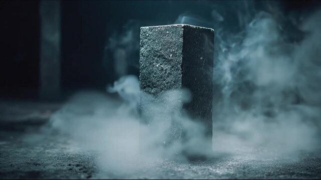 A geometric block of textured stone emits wisps of smoky mist in a moody, dark setting