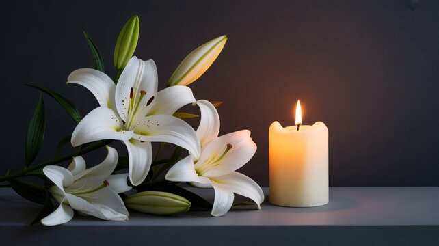 lit candle and white lily flowers on gray surface, for condolence or sympathy card, Isolated on transparent background, png