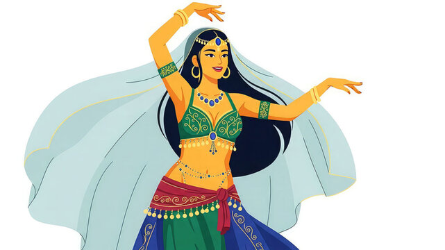 Woman in traditional belly dance costume performing with veil