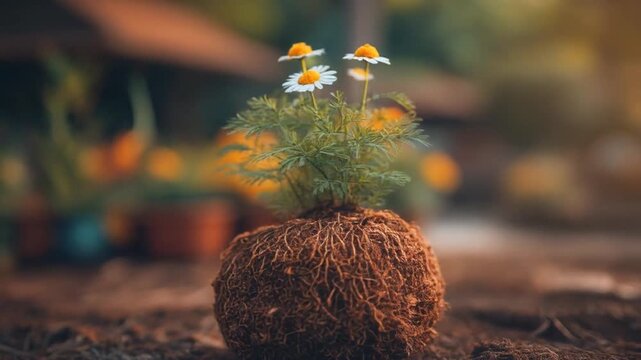 A close-up shot of a small plant with white flowers in a root ball. Blurred background