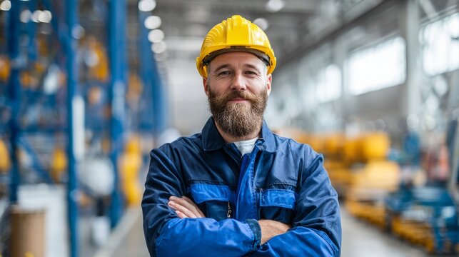 Bearded engineer smiling crossing arms in industrial factory