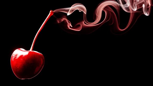A red cherry with smoke emanating from it against a black background