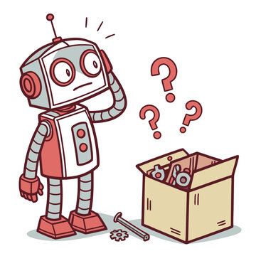 A robot is confused by a box of random spare parts, playful vector illustration. Symbolizing AI's learning process and mechanical challenges.