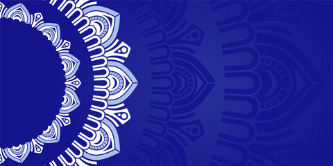 Horizontal color vector mandala banner. Decorative flower mandala on blue background. Luxury mandala color vector background. Arabic, islamic east style. Vector color illustration.