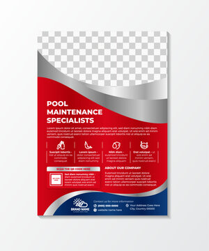 Swimming pool cleaning service flyer template. Pool maintenance solution services leaflet design use combination red, blue, white, and grey gradient colors on element and background. vertical layout
