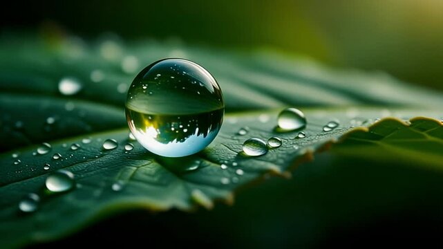 Spherical Dew Drop Rolling Off Velvet Leaf - Hyper-Realistic Macro Nature Motion