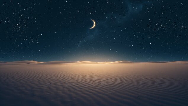 Serene desert landscape under starry night sky with crescent moon