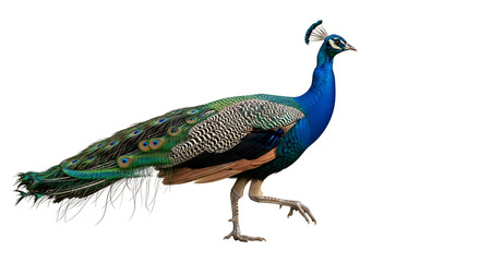 Naklejka premium Vibrant peacock strutting with colorful plumage on white background